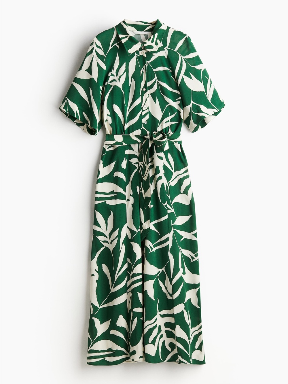 H&M Green and Cream Botanical Print Button-Front Maxi Dress